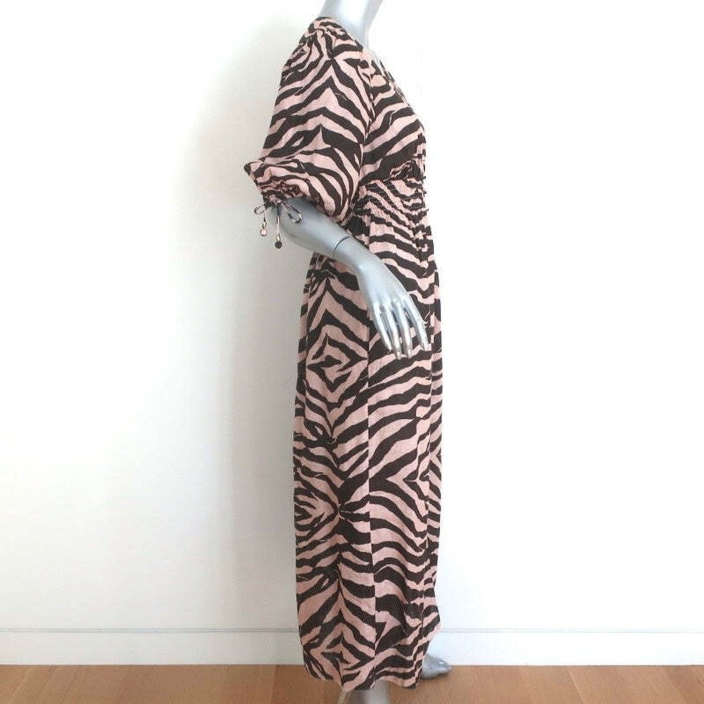 Zimmermann Puff Sleeve Midi Dress Juniper Brown Zebra Print Linen Size 0 - Picture 4 of 9